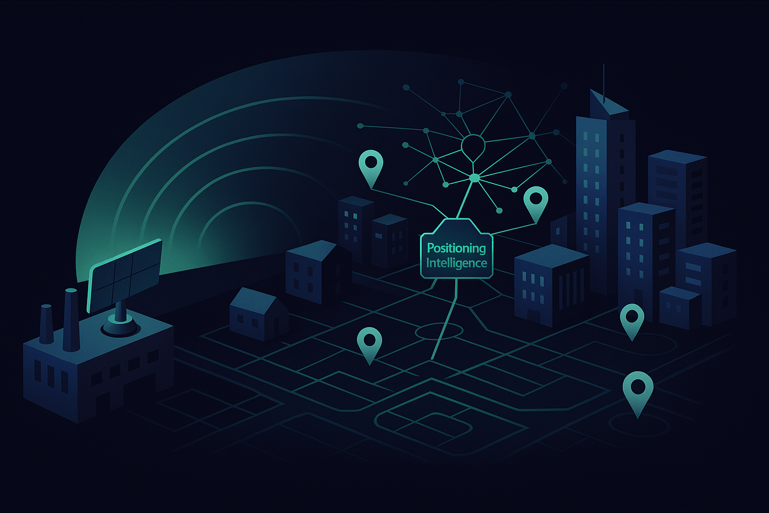 About visual placeholder. Smart factory with radar coverage cones and AI network overlays